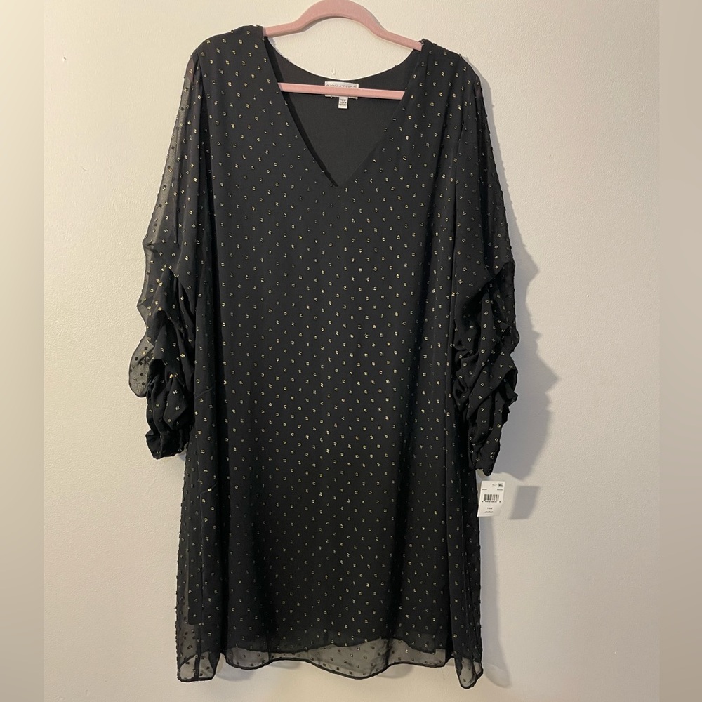 NWT Size 16W Chiffon Dress with Tie Black Gold